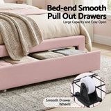 Artiss King Single Bed Frame with 1 Storage Drawers Upholstered Velvet Platform Bed LED Headboard Pink