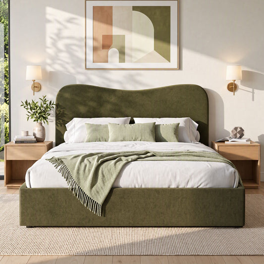 Artiss Queen Bed Frame with Storage Drawer, Chenille Curved Headboard