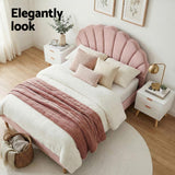 Artiss Double Bed Frame Scallop Headboard Pink Velvet with 2 Drawer Bedside Table