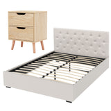 Artiss Double Bed Frame with Storage and Bedside Table Set Tufted Linen Gas Lift Bed Base and 2-Drawer Nightstand