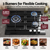Devanti 59cm Gas Cooktop 3 Burner Knob Control Glass Hob Cast Iron Black