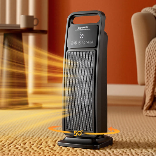 Devanti 2000W Ceramic Tower Heater Space Heaters Indoor Oscillating Black
