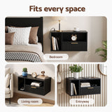 Artiss Floating Bedside Table with Charging Station Black Nightstand 1 Drawer