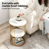 Artiss Side Table Set of 2 Marble Effect Round Coffee Table 2 Tier End Bedside Table Nightstand White&Gold