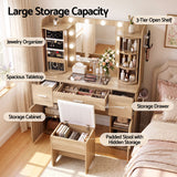 Artiss Dressing Table Vanity Desk LED Mirror Stool Set Charging Station Glass Top Rotating Shelf Wood