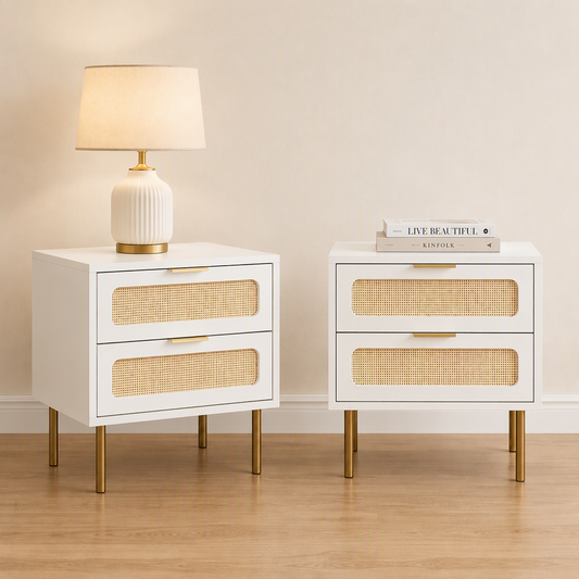 Artiss 2x Rattan Bedside Table 2 Drawers White