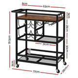 Artiss Bar Cart Drinks Trolley Serving Wine Rack Glass Holder 3 Hooks 72cm Black