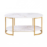 Artiss Coffee Table 2 Tier Oval Marble Finish Storage Shelf Metal Frame Center Table Living Room 100x50x45cm White & Gold
