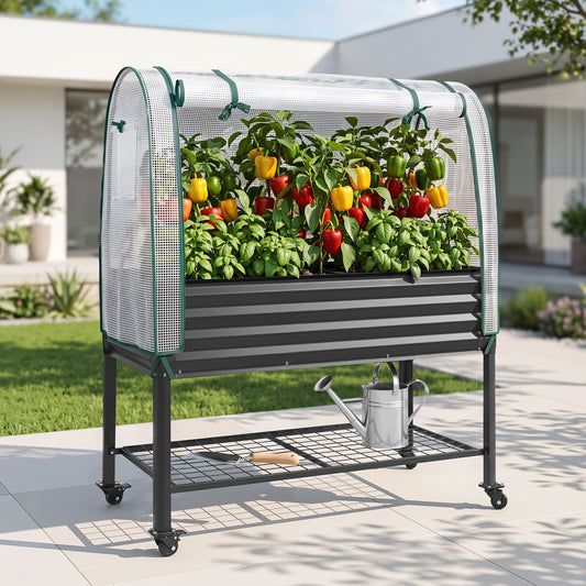 Green Fingers Mobile Raised Garden Bed with Greenhouse Cover Storage Shelf for Tomato Vegetables Herb Charcoal