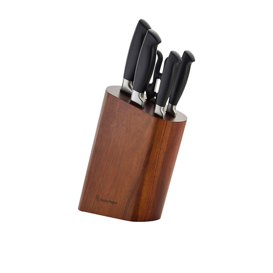 Stanley Rogers slanted oval knife block set 6 piece with acacia wood top and matte black body