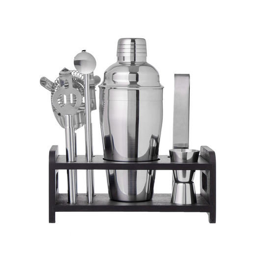 Davis and Waddell Bar Set with Stand 7 Piece Stainless Steel with Acacia Wood Stand