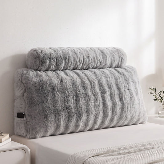 Giselle Wedge Pillow Headboard, Easy Wash Zipper Cover & Anti-Flat Foam, Couch Lumbar Support for Dorm Readers, 340g Faux Rabbit Fur with Dual Pockets, King Single