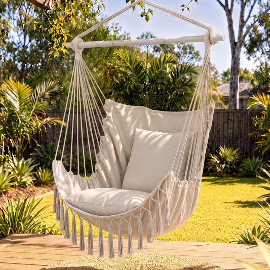 Gardeon Hammock Chair Camping Macrame Hanging Swing Cushions Metal Bar Cream