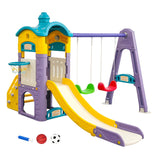 Keezi Kids 4-in-1 Slide Swing Set Double Swing Basketball Hoop Playhouse