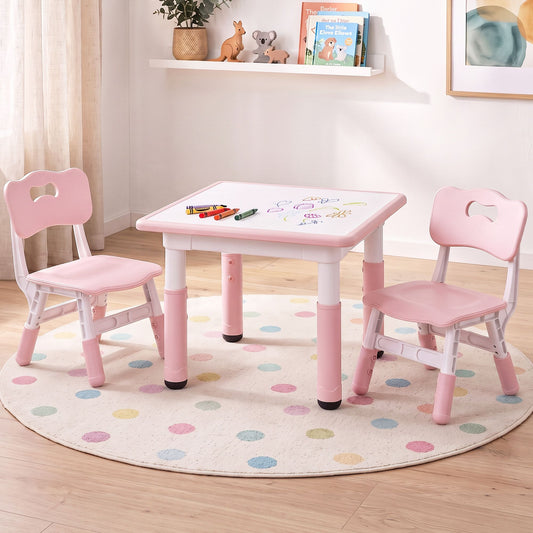 Keezi Kids Table and 2 Chairs Set Height Adjustable Toddler Activity Table Graffiti Top Pink