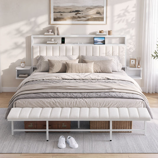 Artiss King Metal Bed Frame Boucle Headboard Charging Station Side Table White