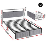 Artiss Metal Bed Frame Queen Size LED Charging Station 2 Drawers