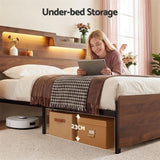 Artiss Queen Bed Frame Metal with Charging Station LED Light Storage Shelf
