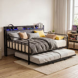 Artiss Bed Frame Double LED Metal Trundle Daybed with Charging Station TURN