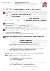 E-micromobility vehicle information sheet with NUV scooter details and NSW Fair Trading logo.