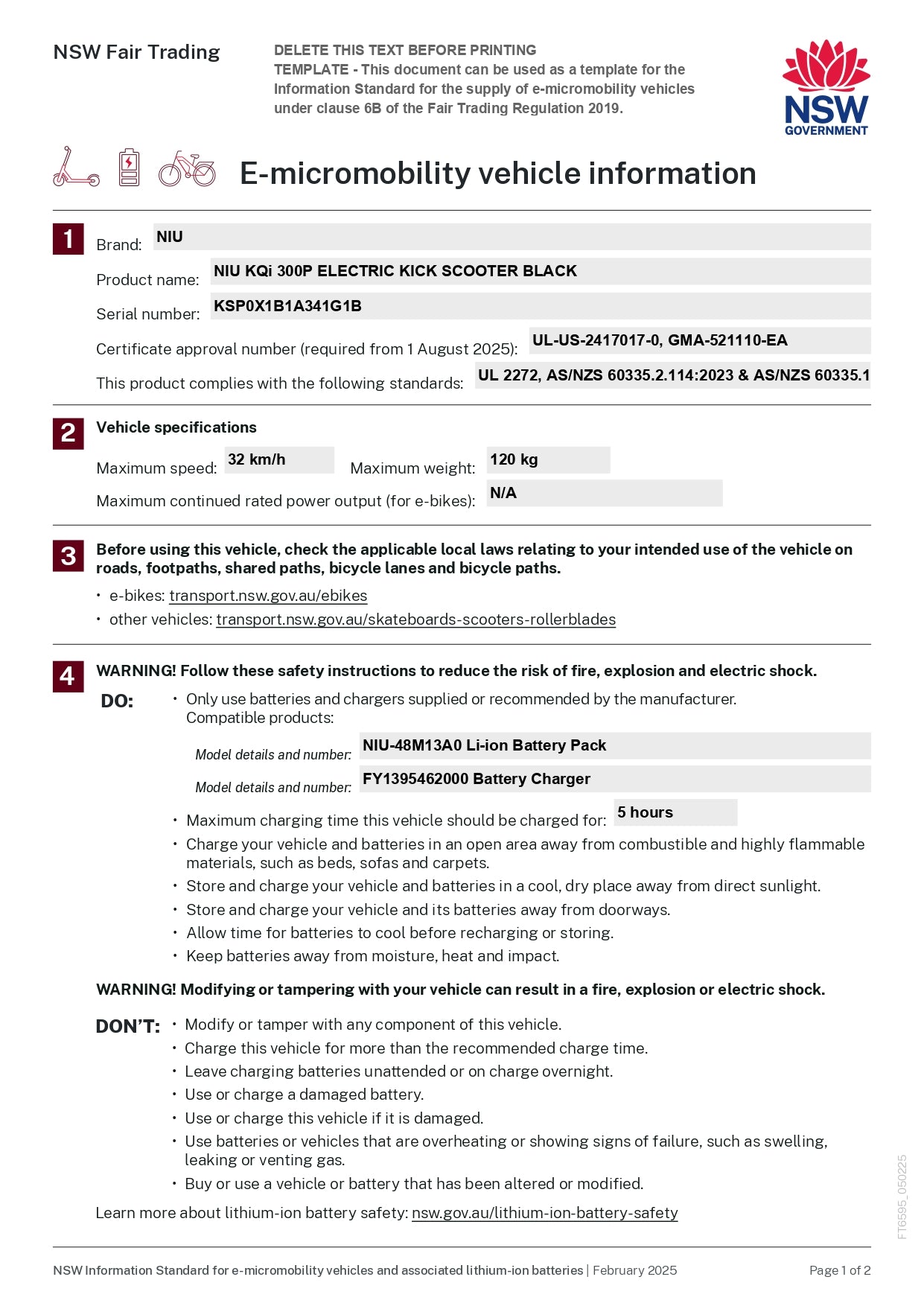 E-micromobility vehicle information sheet from NSW Fair Trading with product details and safety instructions.