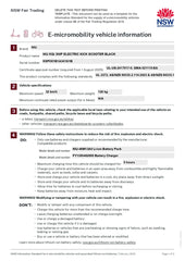 E-micromobility vehicle information sheet from NSW Fair Trading with product details and safety instructions.