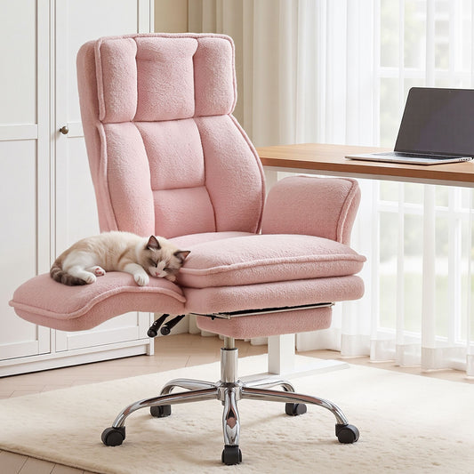Artiss Big & Tall Criss Cross Office Chair with Flip Armrests Foot Rest Reclining Teddy Fleece Pink