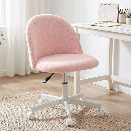 Artiss Office Chair Armless Swivel Vanity Desk Chair with Wheels Teddy Fleece Pink