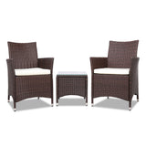 Gardeon 3PC Outdoor Bistro Set Patio Furniture Wicker Setting Chairs Table Cushion Brown