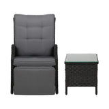 Gardeon 3PC Recliner Chairs Table Sun lounge Outdoor Furniture Wicker Adjustable Black