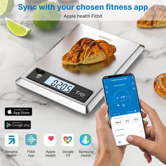 RENPHO SMART NUTRITION SCALE - BLE - 3XAAA - 9X6.3X0.8 INCH - GREY STAINLESS STEEL (UP TO 11LB)