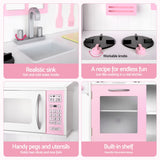 Keezi Wooden Kids Pretend Kitchen Playset with 29pc Food Set Pink White