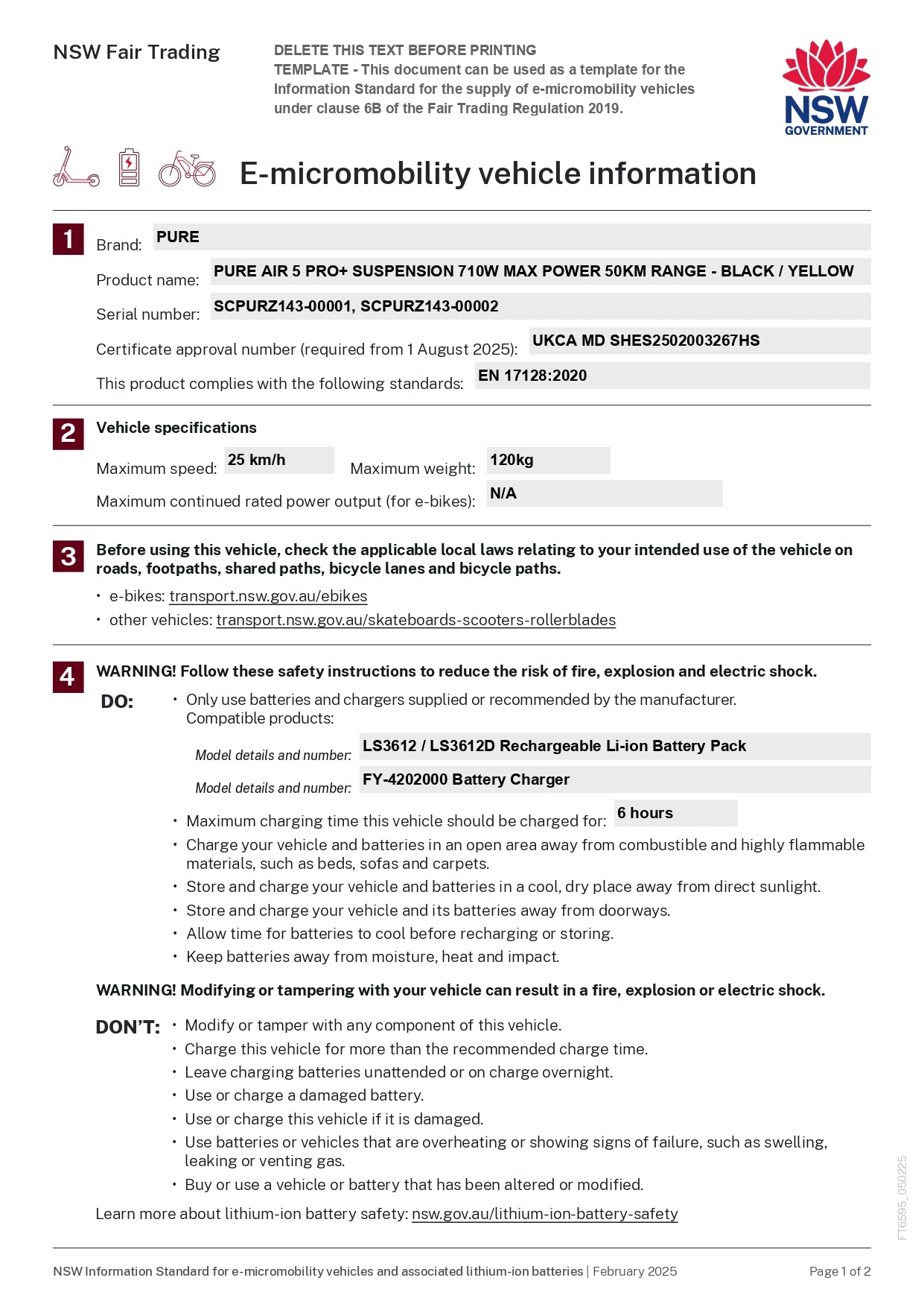 E-mobility vehicle information sheet with product details and safety instructions.