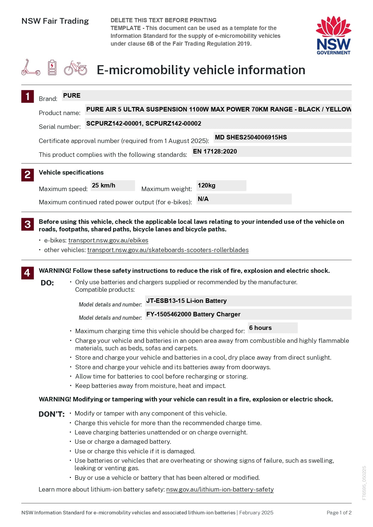E-micromobility vehicle information sheet from NSW Fair Trading with product details and safety instructions.