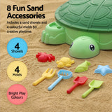 Keezi Kids Sandpit Turtle Sandbox Toys with Umbrella Lid Green 8 Accessories 3+