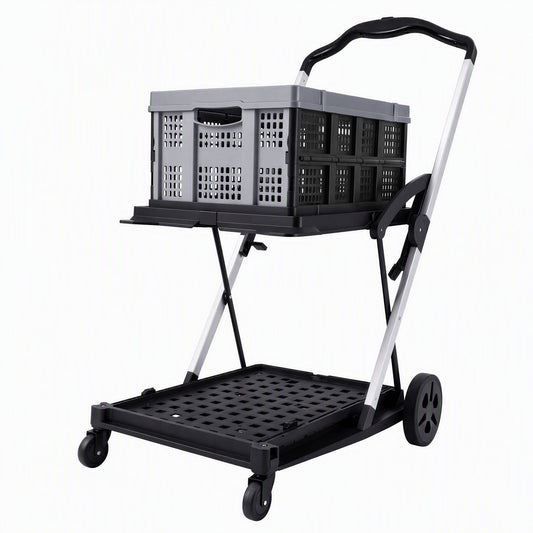 Artiss Shopping Trolley with Wheels 2 Layer w/1 Crate Foldable Trolley Grey
