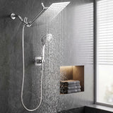 Cefito High-Pressure Rain Shower Head with Handheld, Gear-Lock Anti-Sag Arm for Family Spa, 12" Stainless Steel Rainfall & 9-Setting Wand Combo, 3-Way Diverter, Drill-Free Adhesive Bracket