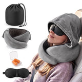 Wanderlite Hooded Travel Neck Pillow for Airplane Memory Foam with Eye Mask Earplugs, Dark Grey