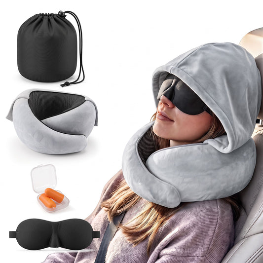 Wanderlite Hooded Travel Neck Pillow for Airplane Memory Foam with Eye Mask Earplugs, Light Grey