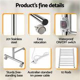 Devanti 10-Bar Freestanding Heated Towel Rail 3-5 Mins Fast Heating Electric Towel Warmer for Bathroom Winter Drying Stainless Steel Plug In 100W
