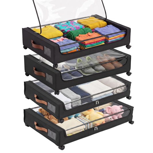 Artiss 4X Under Bed Storage Containers 48L Clothes Organiser Wheels Oxford Black
