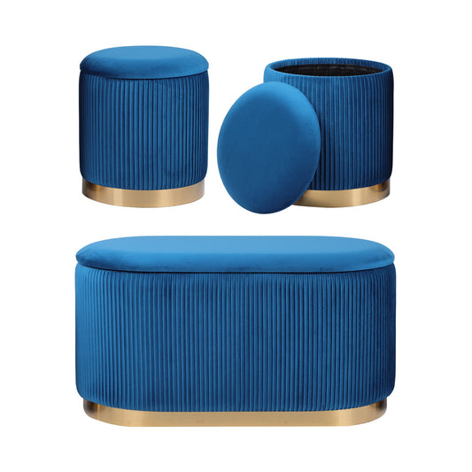 3 Piece Set Storage Ottoman - Blanket Box Velvet Padded Bench Stool FAYE BLUE