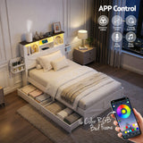 Artiss Single Bed Frame with Storage Drawers White Platform Bedframe with Bookcase Headboard Charging Station Led Light