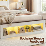 Artiss Queen Bed Frame with Storage Bookcase Headboard and Footboard White Wooden Platform Bed with Charging Station and Led Light Bedroom Furniture