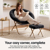 Artiss Comfy Saucer Chair Soft Faux Fur Foldable Accent Chair with Ottoman Black