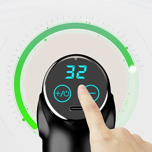 FitSmart mini percussive massage gun with LCD display and 6 speed levels, black