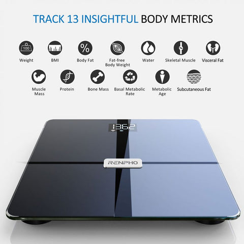 RENPHO SMART WIFI BODY SCALE - ITO GLASS - 13 METRICS - BLE - 3AAA - 11X11X1INCH/28X28X2.5CM - BLACK