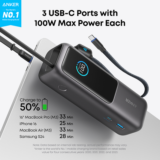 Anker Laptop Power Bank (25K, 165W, Built-In Retractable Cable)