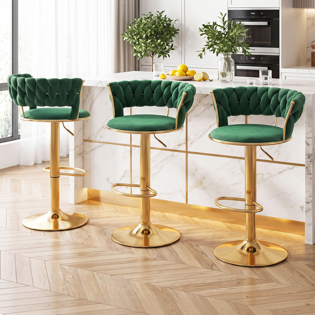 Artiss 3x Bar Stools Gas Lift Adjustable Velvet Woven Backrest Vivien Green