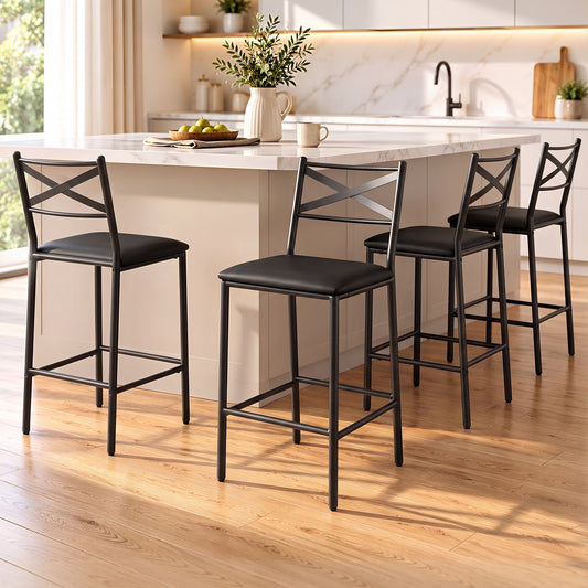 Artiss Bar Stools Set of 4 Counter 66cm Height Stools with Backrest, PU Cushioned Seat, Black